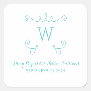 Aquamarine Whimsical Blüh Monogram Wedding Quadratischer Aufkleber