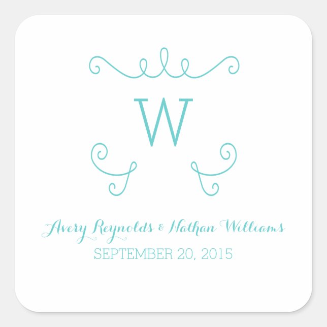 Aquamarine Whimsical Blüh Monogram Wedding Quadratischer Aufkleber (Vorderseite)