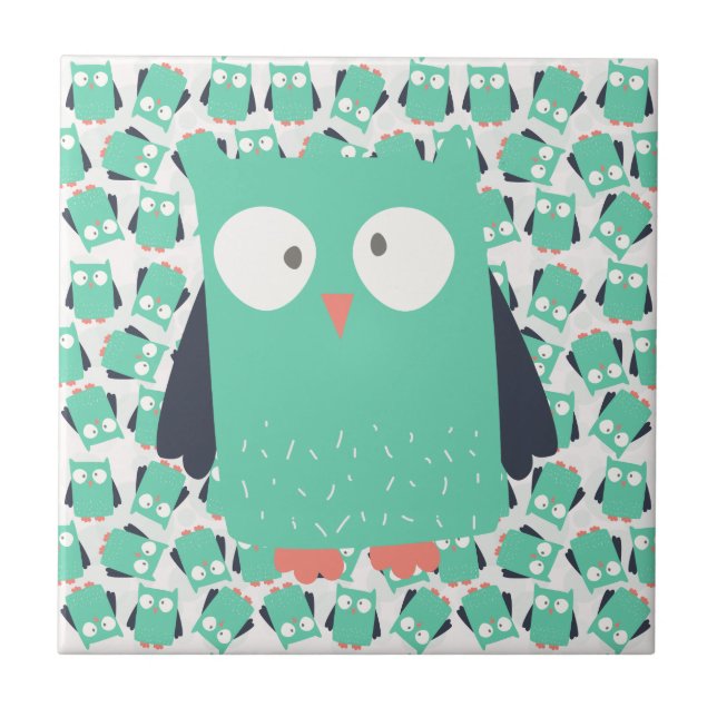 Aquamarine Whimsical Owls Fliese (Vorderseite)