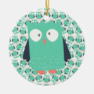 Aquamarine Whimsical Owls Keramikornament