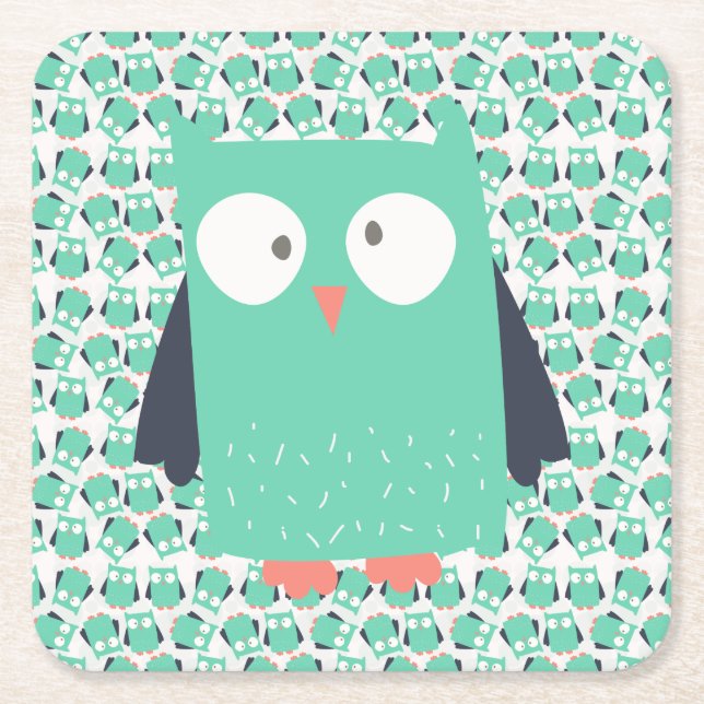 Aquamarine Whimsical Owls Rechteckiger Pappuntersetzer (Vorderseite)
