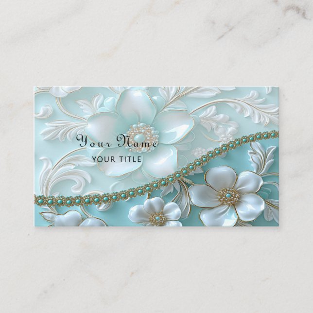 Aquamarine White Floral Business Card Visitenkarte (Vorderseite)