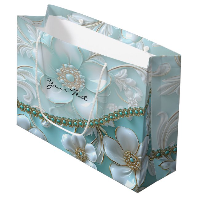 Aquamarine White Floral Geschenktasche Große Geschenktüte (Vorderseite Schrägansicht)