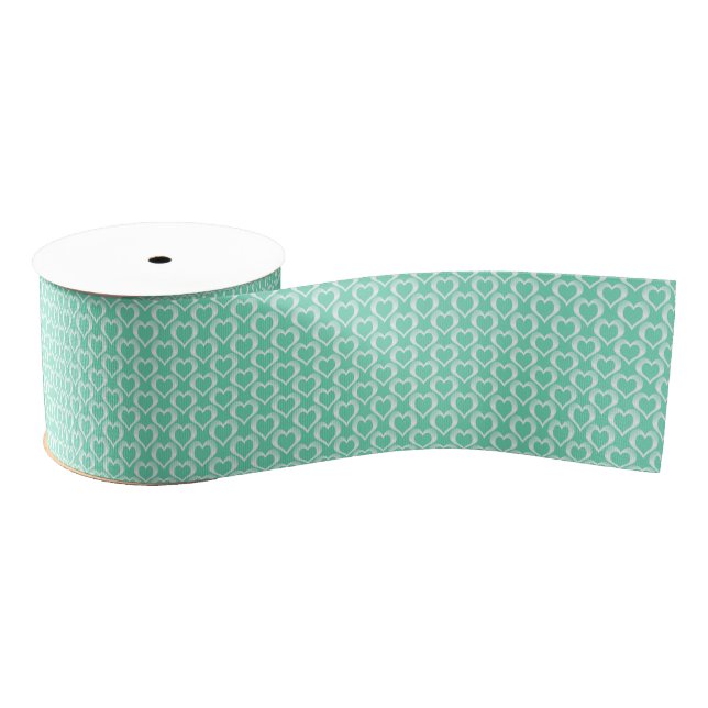 Aquamarine White Hearts Pattern Ripsband (Spule)