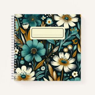 Aquamarine Wildblumen & Vögel - Moderne Kunst - Bi Notizbuch