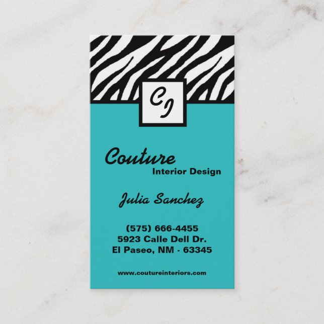Aquamarine Zebra Print Custom Business Card Visitenkarte (Vorderseite)