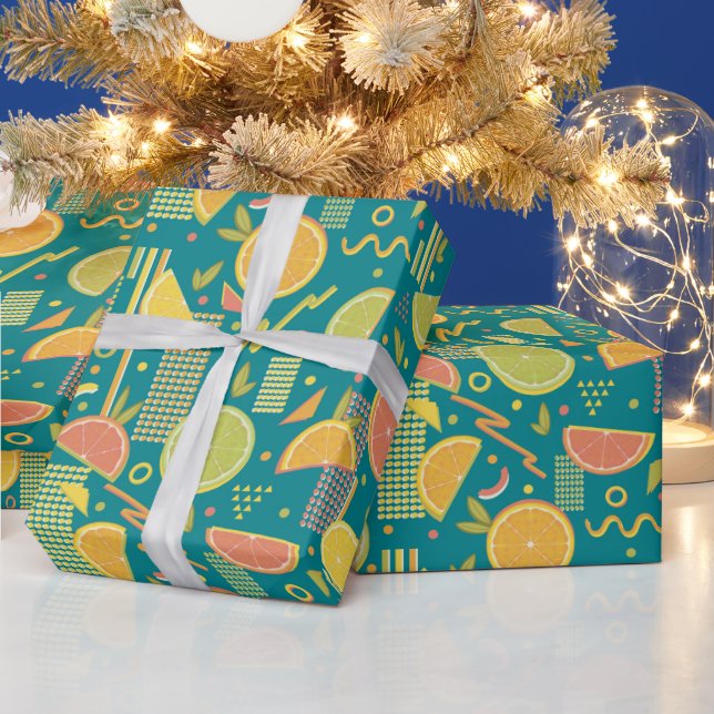 Aquamarine Zitrusfrüchtescheiben der 80er Jahre Geschenkpapier (Feiertage)