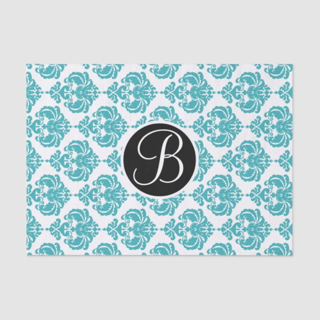 Aquamariner Anfangsbuchstabe des Aqua Glam Damask  Seidenpapier (Vorderseite)