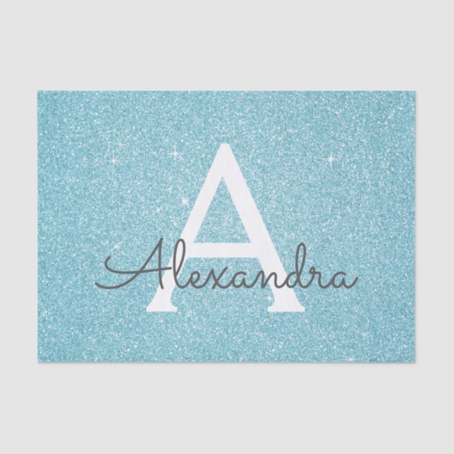 Aquamariner Aqua Blue Glitzer und Sparkle Monogram Seidenpapier (Vorderseite)