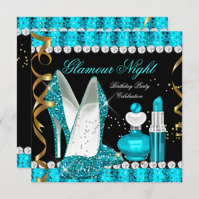 Aquamariner Aqua Glamour Night Gold Black Einladung (Vorne/Hinten)