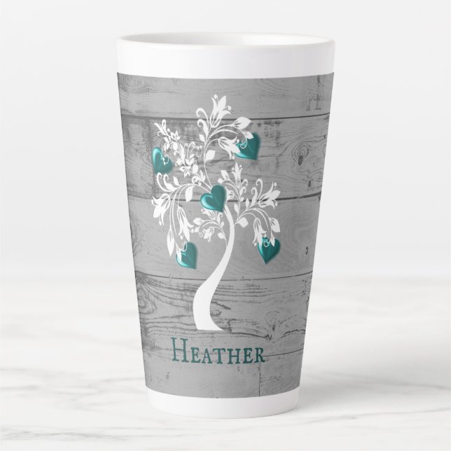Aquamariner Baum des Herzens Personalisierte Latte Milchtasse (Vorderseite)
