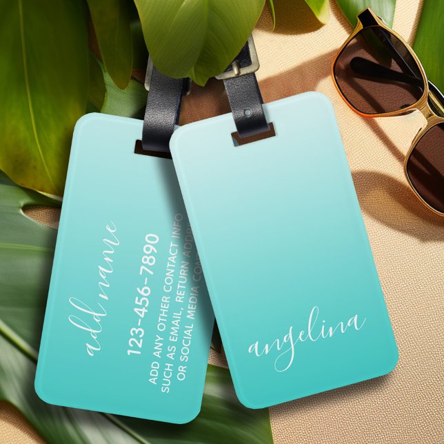 Aquamariner benutzerdefinierter Handgeschriebener  Gepäckanhänger (Personalized luggage tag with monogram - contact info on back)