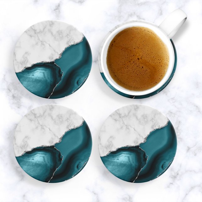 Aquamariner blauer Agate Silver Glitzer aus weißem Getränkeuntersetzer (Von Creator hochgeladen)