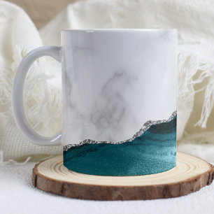 Aquamariner blauer Agate Silver Glitzer aus weißem Kaffeetasse