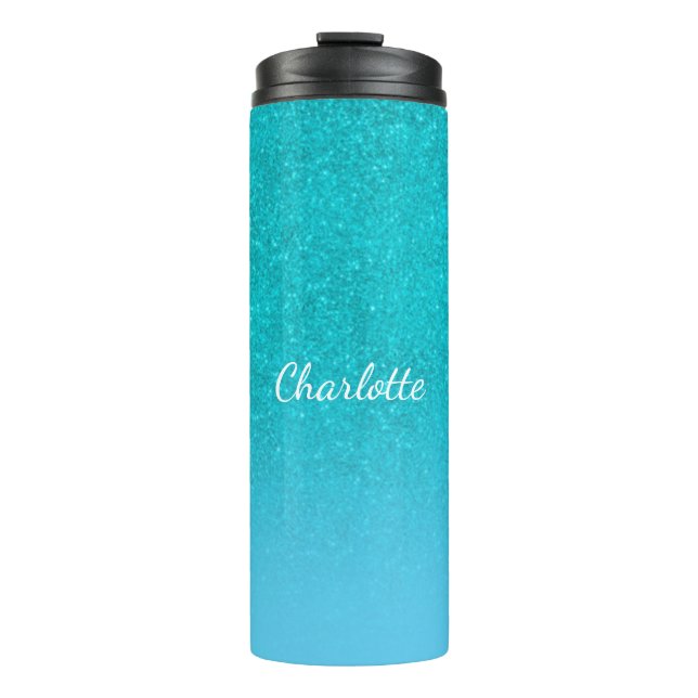Aquamariner blauer Glitzer Aqua-Sea-Green-Monogram Thermosbecher (Vorderseite)