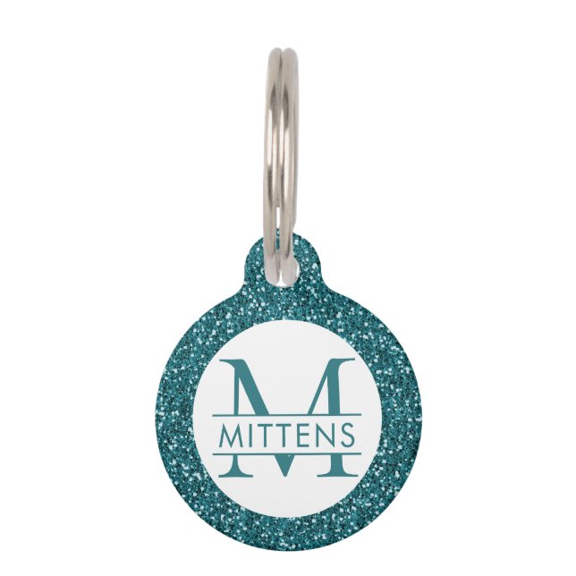 Aquamariner blauer Glitzer Funkelnd Monogramm Haustiermarke (Vorderseite)