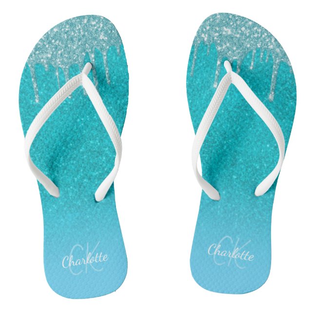 Aquamariner blauer Glitzer Tropfen Aquarell Flip Flops (Fußbett)