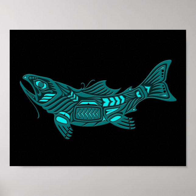 Aquamariner Blauer Haida-Geist-Fisch auf Schwarz Poster (Vorne)