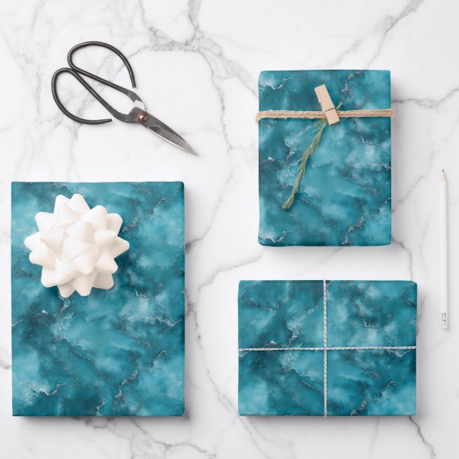 Aquamariner blauer Marmor Geschenkpapier Set (Vorderseite)