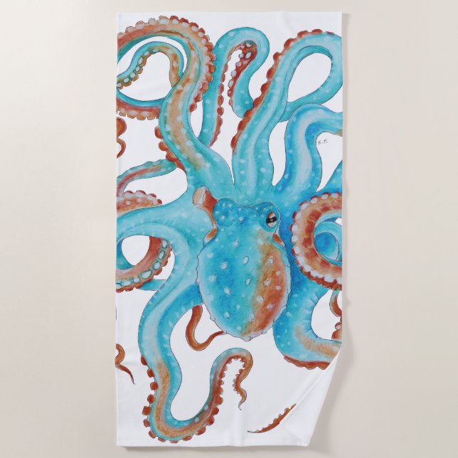 Aquamariner Blauer Oktopus Wasserfarbe Strandtuch (Vorderseite)