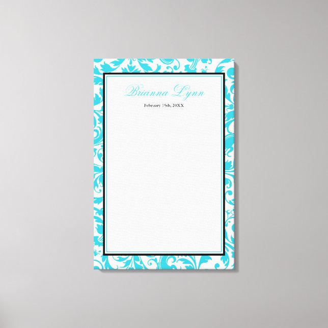 Aquamariner blauer Swirl Damask Bat Mitzvah Sign i Leinwanddruck (Vorderseite)