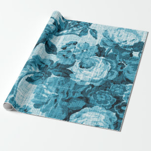 Aquamariner, blauer Toner, Schwarz-weißer Blumensc Geschenkpapier