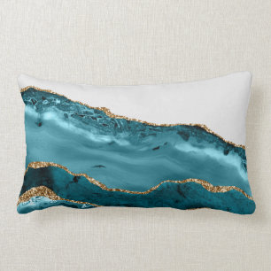 Aquamariner Blue Agate Stone Gold Foil Look Lendenkissen