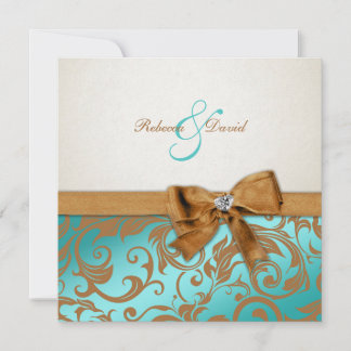 Aquamariner Blue & Caramel Damask mit Diamantbogen Einladung