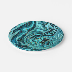 Aquamariner Blue & Gold Chic Swirl Moderne Hochzei Pappteller