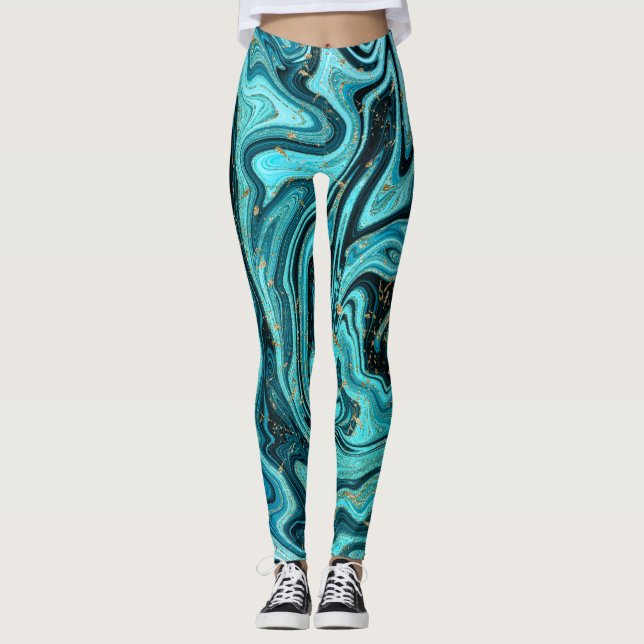 Aquamariner Blue & Gold Chic Swirl Moderner Abstra Leggings (Vorderseite)