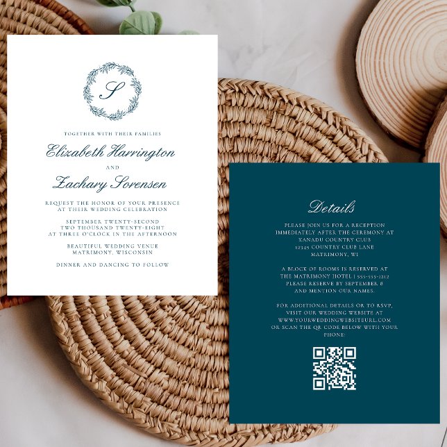Aquamariner Blue Monogram Kranz QR Code Hochzeit (Von Creator hochgeladen)