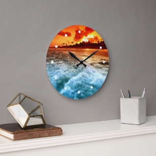 Aquamariner Blue Ocean Surf Orange Sunset Große Wanduhr