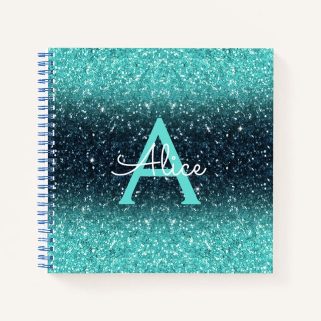 Aquamariner Blue Ombre Glitzer und Monogramm Rezep Notizbuch (Vorderseite)