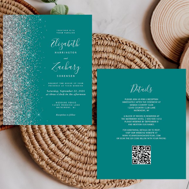 Aquamariner Blue Silver Glitzer QR Code Hochzeit (Von Creator hochgeladen)