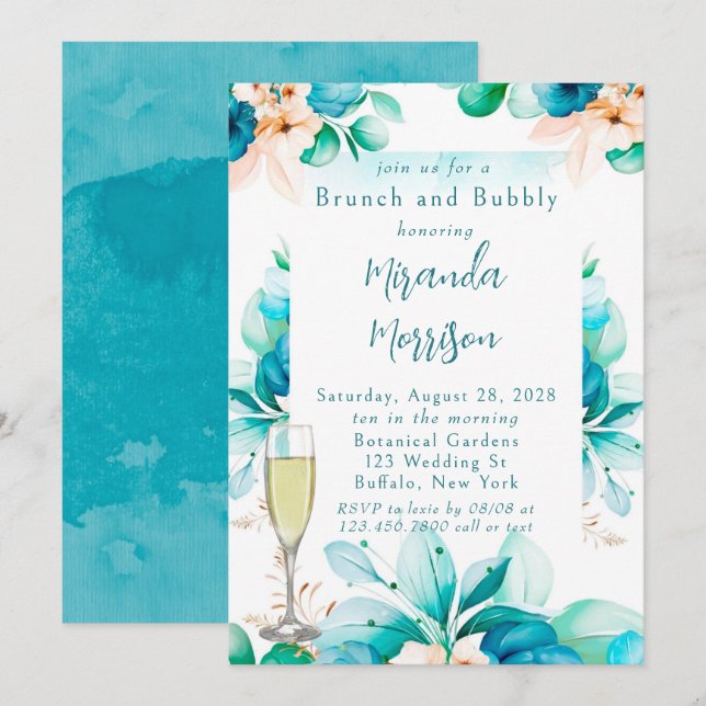 Aquamariner Blumenbrunch und Bubbly Invasion Einladung (Vorne/Hinten)