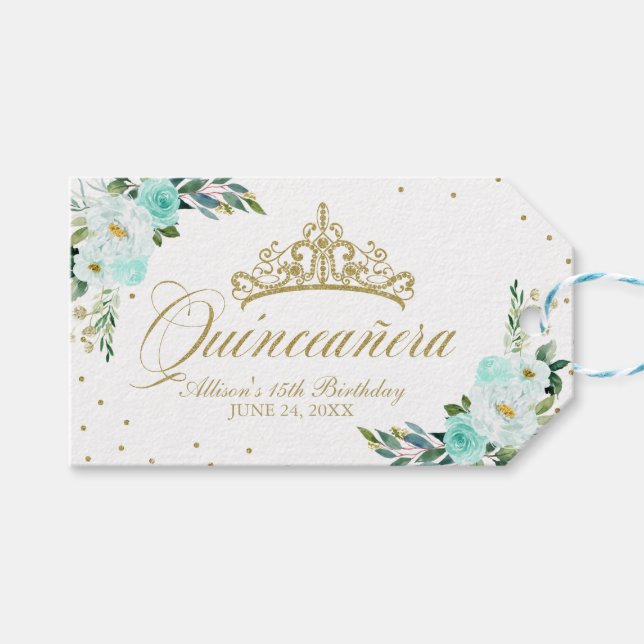 Aquamariner Blumenquinceanera Geschenkanhänger (Vorderseite (Horizontal))