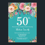 Aquamariner Blumenzauber 50. Geburtstag Einladung<br><div class="desc">Aquamarine Floral 50. Geburtstag Einladung für Frauen. Aquarell Floral Blume. Aquamarines türkisfarbenes Aqua-Hinterland. Rosa, gelb, orange, Lila Blume. Erwachsener Geburtstag. 13. 15. 16. 18. 20. 21. 30. 40. 50. 60. 70. 80. 90. 100. jedes Alter. Für weitere Anpassungen klicken Sie bitte auf die Schaltfläche "Anpassen" und verwenden Sie unser Designwerkzeug,...</div>