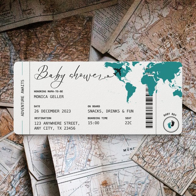 Aquamariner Boarding Pass Reisen Baby Shower Boy Einladung (Teal Boarding Pass Baby Shower invitation)