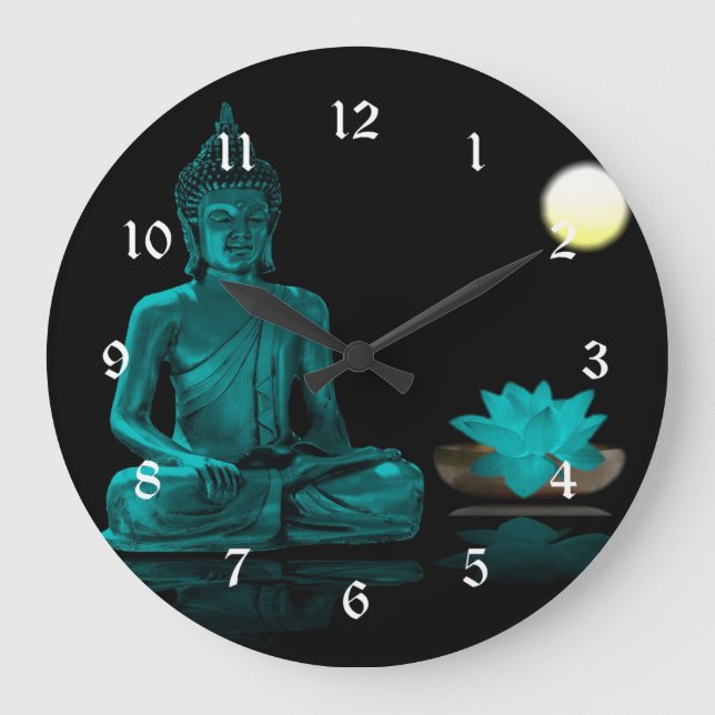 Aquamariner Buddha-Meditation unter Vollmond Große Wanduhr (Vorderseite)