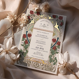 Aquamariner Burgunder Red Gold Wedding Art Nouveau Folieneinladung
