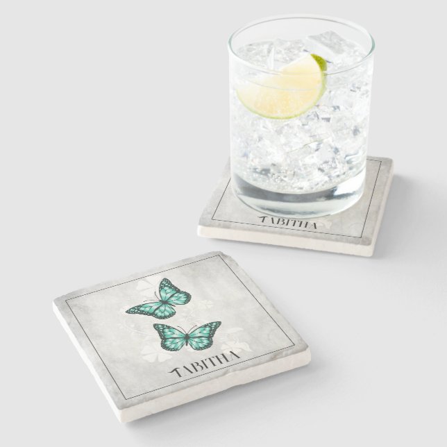 Aquamariner Butterfly Personalisierter Stein Unter Steinuntersetzer (Seitenansicht)