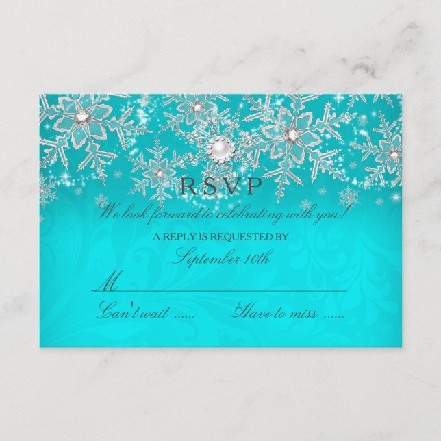 Aquamariner Crystal Pearl Snowflake Silver Winter  RSVP Karte (Vorderseite)