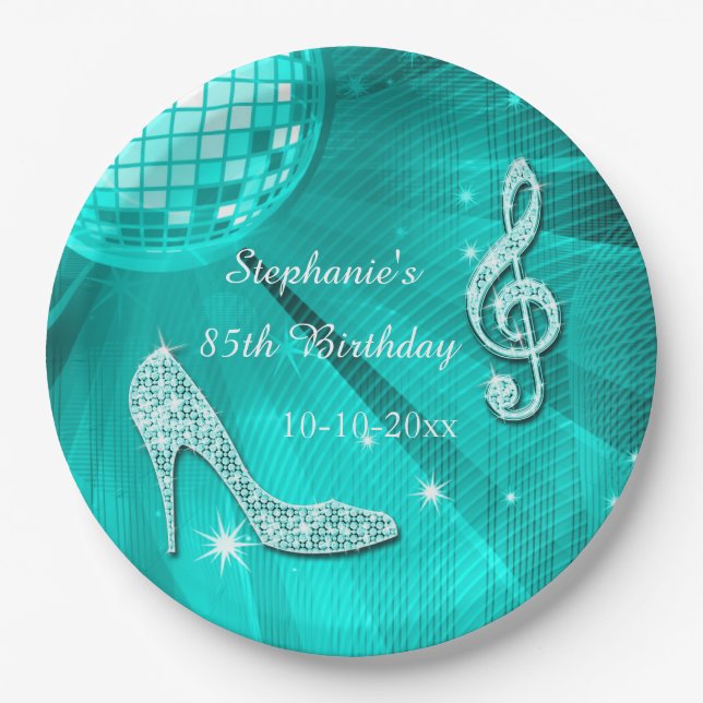 Aquamariner Disco-Ball und Heels-85. Geburtstag Pappteller (Vorderseite)