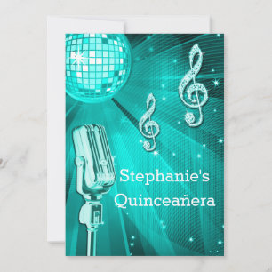 Aquamariner Disco-Ball und Retro-Mikrofon Quinceañ Einladung