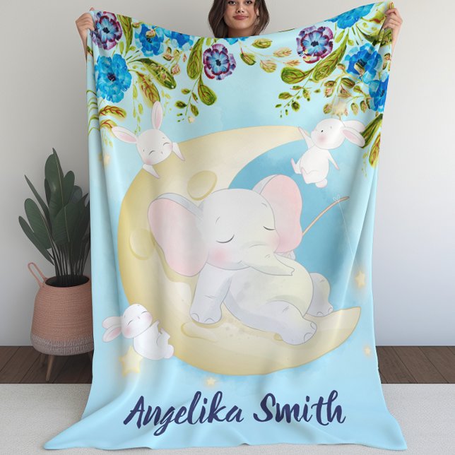 Aquamariner Elefant Crescent Moon Personalisierter Fleecedecke (Teal Elephant Crescent Moon Personalized Name Fleece Blanket (L))