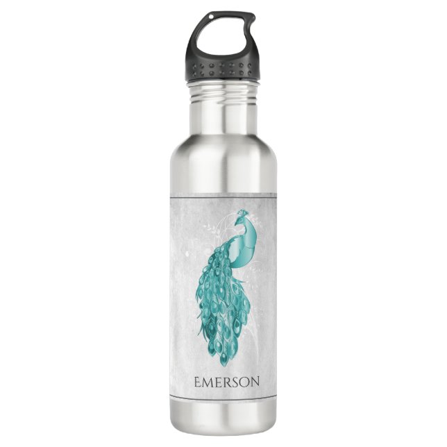 Aquamariner Eleganter Pfau Personalisiert Edelstahlflasche (Vorderseite)