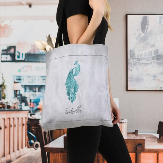 Aquamariner Eleganter Pfau Personalisiert Tote Beu (Teal Elegant Peacock Personalized Tote Bag)