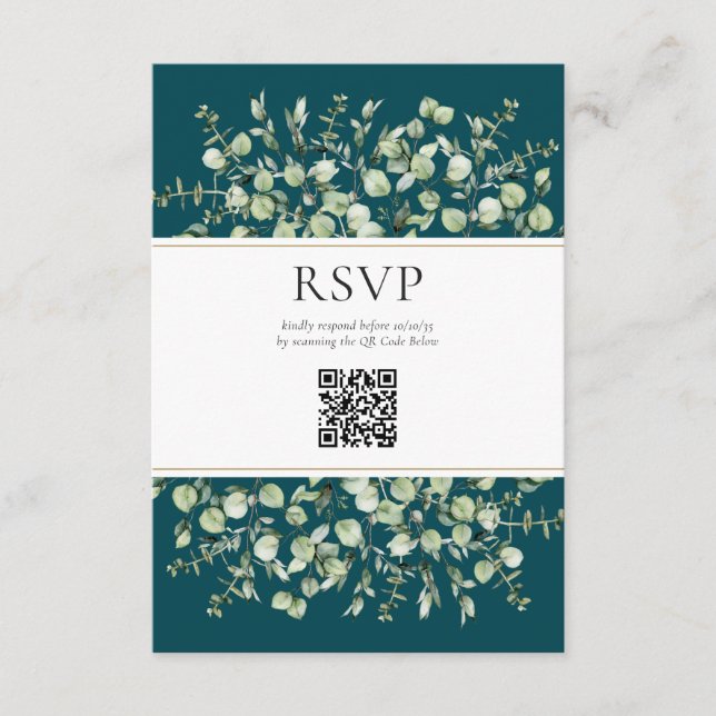Aquamariner Eukalyptus QR Code Wedding RSVP Begleitkarte (Vorderseite)