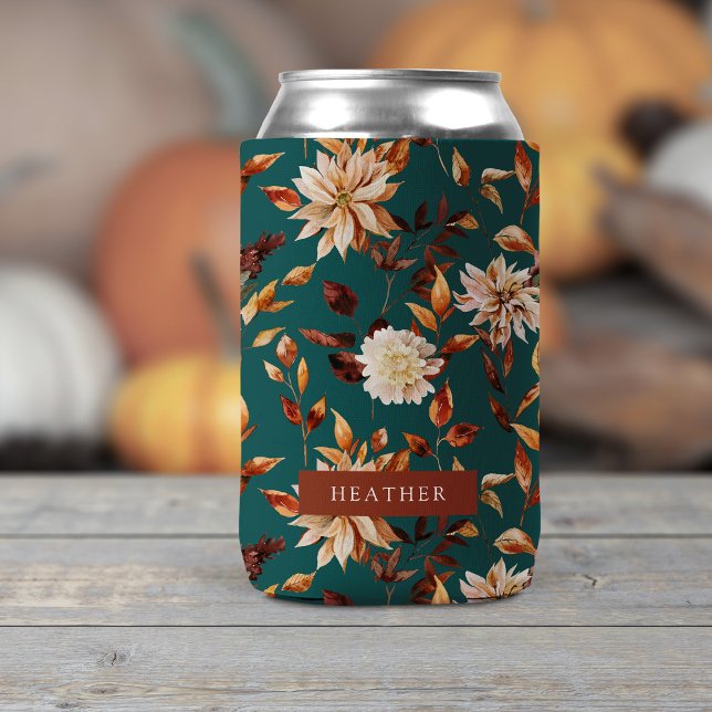 Aquamariner Fall Dosenkühler (Teal Fall Leaves Floral Personalized Can Cooler by Painted Paperie
)