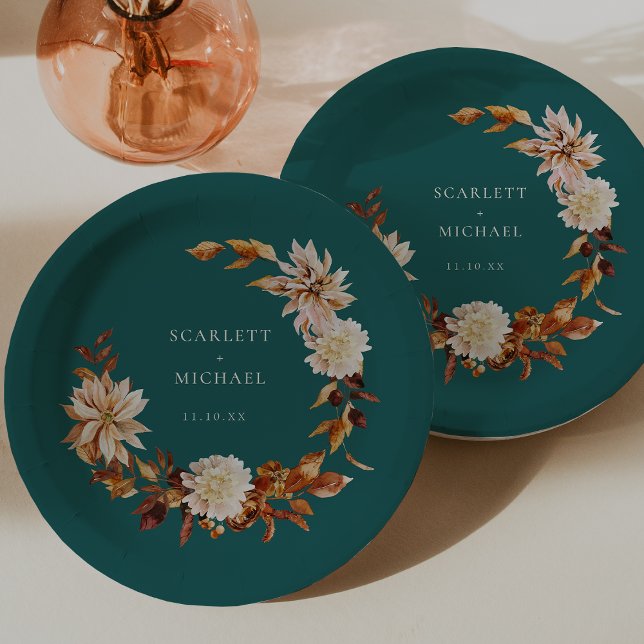 Aquamariner Fall Pappteller (Teal Fall Wreath Floral Decor Paper Plates by Painted Paperie
)